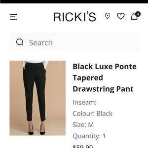 Ricki’s pants

Black Luxe Ponte Tapered Drawstring Pant